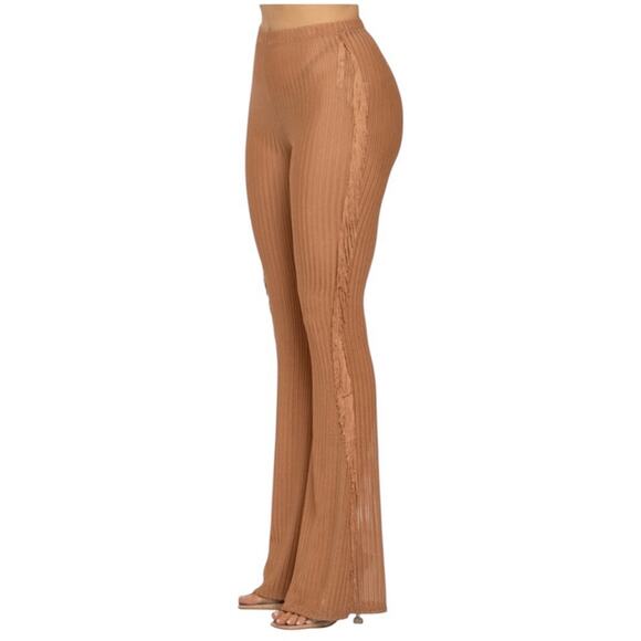 Side Fringe Knit Flare Leg Pants Size S Caramel Brown Sheer Cowgirl Costume NWT - Picture 3 of 15